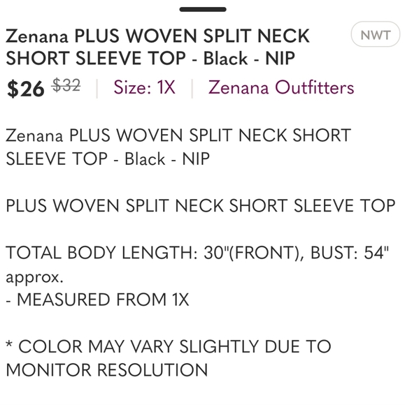 Zenana PLUS WOVEN SPLIT NECK SHORT SLEEVE TOP - Black - NIP - Picture 2 of 2